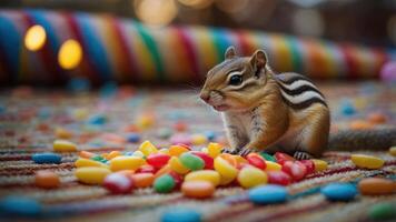 A chipmunk curiously explores a colorful assortment of candies on a patterned surface. photo