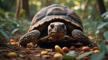 A tortoise in a forest setting, surrounded by colorful food items on the ground. photo