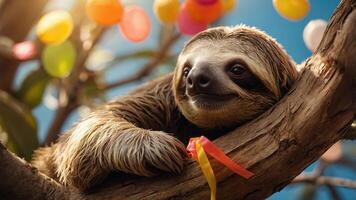 A sloth relaxing on a branch, adorned with colorful decorations in a festive setting. photo