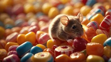 A small mouse among colorful candies, creating a whimsical and playful scene. photo
