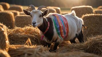 A goat wearing a colorful scarf stands among straw bales in a warm, golden light. photo