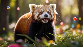 A playful red panda in a vibrant, sunny forest with colorful floating objects. photo