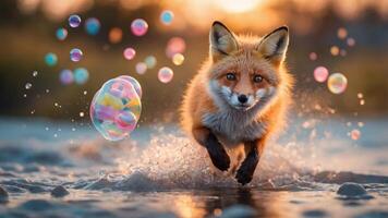 A fox joyfully leaps through water, surrounded by colorful bubbles at sunset. photo