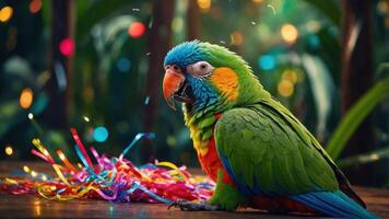 A colorful parrot sits beside festive streamers, surrounded by a vibrant, celebratory atmosphere. photo