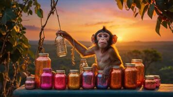 A monkey holds a jar amidst colorful jars at sunset, creating a whimsical scene. photo