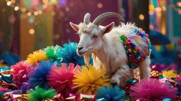 A festive goat adorned with colorful decorations amidst vibrant party decorations. photo
