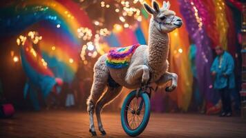 A llama performs on a unicycle in a colorful, festive setting. photo