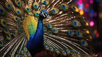 A vibrant peacock displaying its colorful feathers in a stunning visual showcase. photo