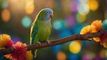 A colorful parrot perched on a branch with vibrant background decorations. photo