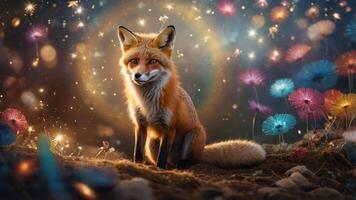 A whimsical fox sits amidst colorful flowers and sparkling lights in a magical setting. photo