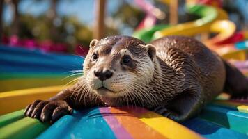 An otter lounging on a colorful slide in a playful water park setting. photo