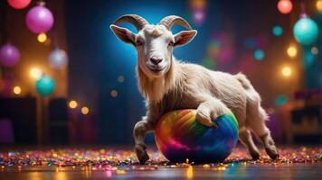 A playful goat poses with a colorful ball in a festive, vibrant setting. photo