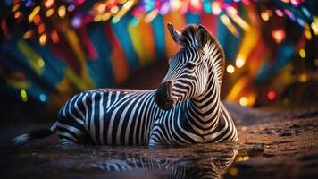 A serene zebra resting by water, surrounded by colorful lights in a vibrant atmosphere. photo