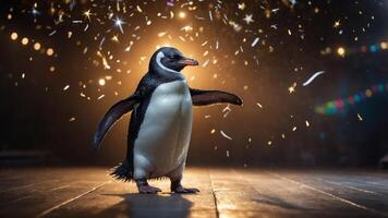 A penguin stands on a stage with confetti, creating a festive atmosphere. photo