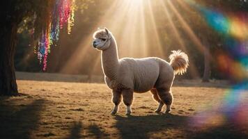 A serene alpaca stands in a sunlit field with colorful flowers in the background. photo