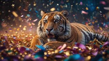 A tiger lounging on colorful confetti, creating a festive and vibrant atmosphere. photo