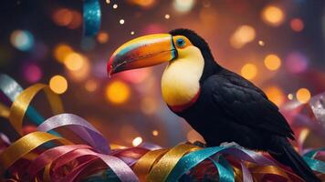 A colorful toucan perched on festive ribbons with a vibrant bokeh background. photo