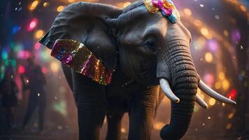 An elephant adorned with colorful decorations in a festive, illuminated environment. photo