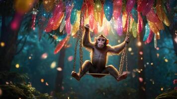 A whimsical monkey swings joyfully under colorful, sparkling decorations in a magical forest. photo