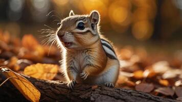A close-up of a chipmunk on a log amidst autumn leaves, showcasing nature's beauty. photo