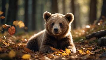 A young bear resting among autumn leaves in a forest setting. photo