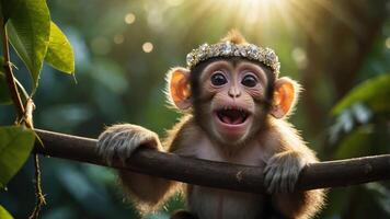 A joyful monkey wearing a decorative crown, perched on a branch in a lush environment. photo