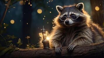 A raccoon wearing glasses sits on a branch beside a glowing lantern in a magical forest setting. photo