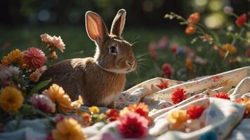 A rabbit sits amidst colorful flowers on a patterned blanket, capturing a serene spring moment. photo