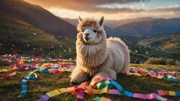 A fluffy alpaca lounging in a colorful, festive setting amidst a scenic landscape. photo