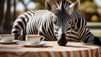 A zebra curiously approaches a table set with two cups in a sunny outdoor setting. photo