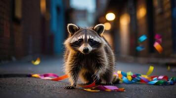 A raccoon stands in an alley surrounded by colorful ribbons, evoking a playful atmosphere. photo