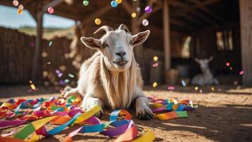 A goat lounging on colorful ribbons with confetti in a rustic barn setting. photo