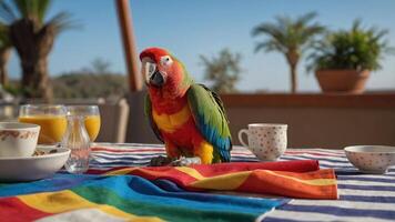 A colorful parrot sitting on a table with drinks and a vibrant tablecloth in a sunny setting. photo