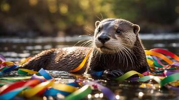 An otter playfully lounges in water surrounded by colorful ribbons, evoking joy and celebration. photo