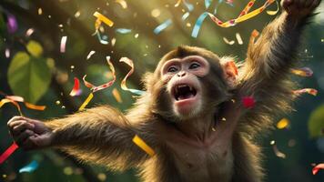 A joyful monkey celebrating with colorful confetti in a vibrant natural setting. photo