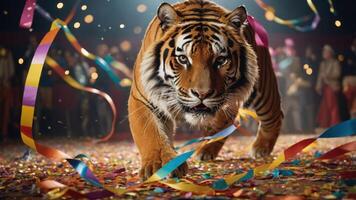 A tiger strides through a festive scene filled with confetti and colorful ribbons. photo