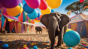 A playful elephant surrounded by colorful balloons and festive decorations in a lively setting. photo