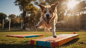 A dog joyfully leaps over a colorful obstacle in a sunny park setting. photo