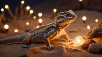A bearded dragon poses in a desert-like setting with glowing lights around it. photo