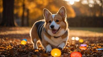 A playful corgi in an autumn park surrounded by colorful balls and fallen leaves. photo