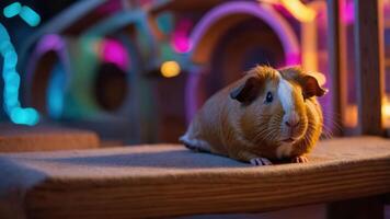 A guinea pig resting on a platform in a colorful, illuminated habitat. photo