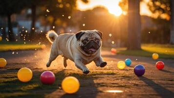 A playful pug running joyfully among colorful balls at sunset in a park. photo