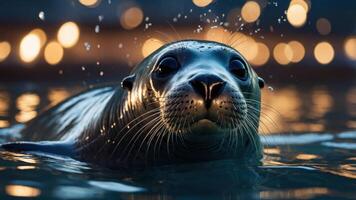 A close-up of a seal swimming in water, with droplets and a blurred background of lights. photo