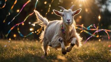 A joyful goat prancing in a field, surrounded by colorful streamers and sunlight. photo