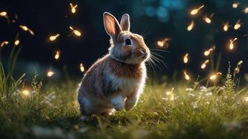 A rabbit frolics in a field illuminated by glowing fireflies at dusk. photo