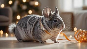A cute chinchilla with a ribbon, set in a cozy room with festive lights. photo