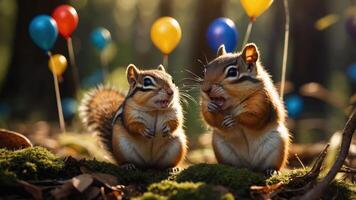 Two chipmunks enjoying a festive moment amidst colorful balloons in a forest. photo