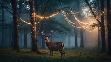 A serene forest scene with a deer and twinkling lights in a misty atmosphere. photo