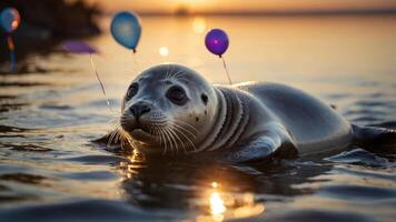 A playful seal adorned with balloons swimming in a serene sunset-lit water. photo