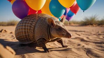 An armadillo surrounded by colorful balloons in a desert setting. photo